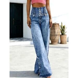 Casual High Waist Wide Leg Denim Jeans Button Down Calf Light Blue 8/10